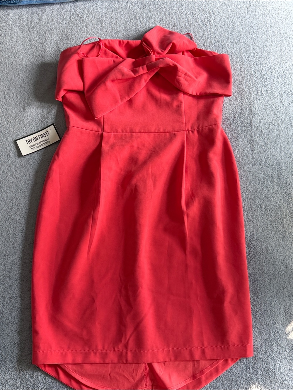 Adelyn Rae Strapless Coral Pink Bow-Accent Dress